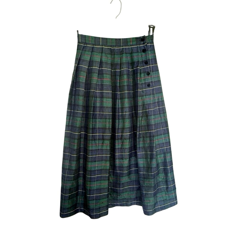 Vintage Talbots Silk Midi Skirt Size 6P Plaid Tartan Pleats Green Blue Red